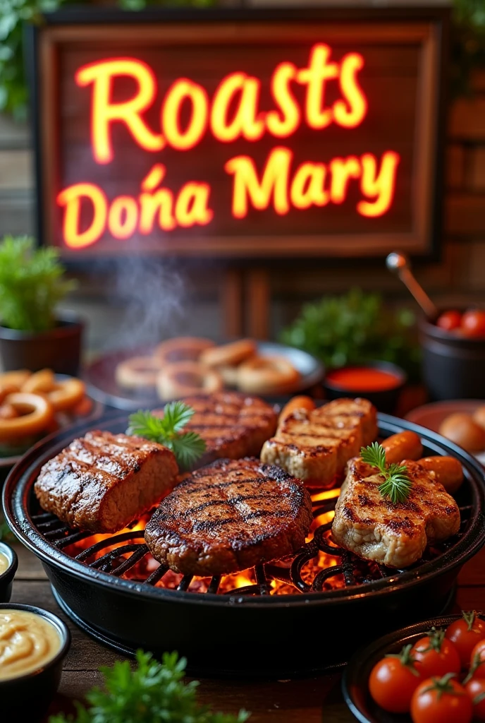 An image of a grill with meat and that says roasts doña mary, for a food menu