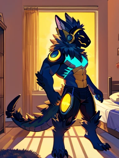 Scorpion Protogen hybrid, bedroom, muscles, no shirt, no pants, tail, stinger, no fur, black scales, scorpion tail, yellow lights