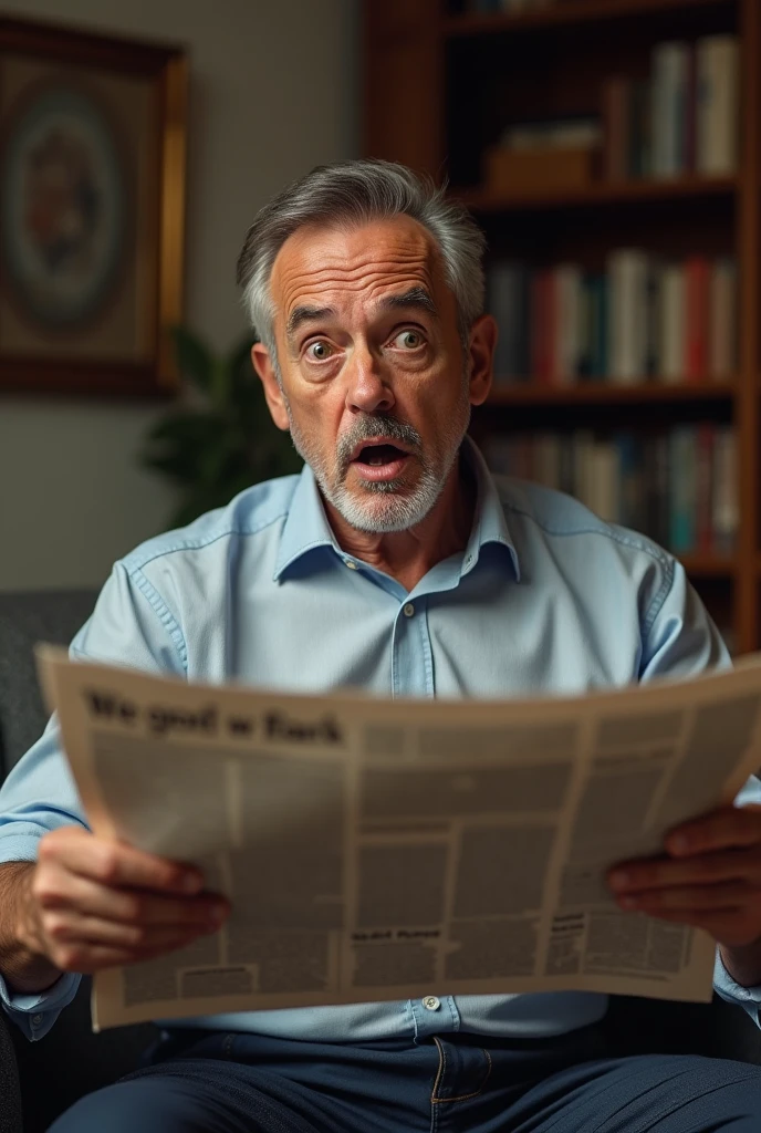 A middle-aged man reading a newspaper and fainting excitedly 


