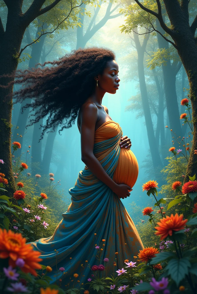 forêt mystérieuse, légumes magnifiques, femme afro-haïtienne.cheveux vole au vent, splendide et majestueuse, enceinte se tenant au milieu de la forêt, en connexion avec la nature. Colorée, frissonnant , en même temps cela inspire la paix et le bonheur. Ça fait penser à la mère de la terre Gaiya.
