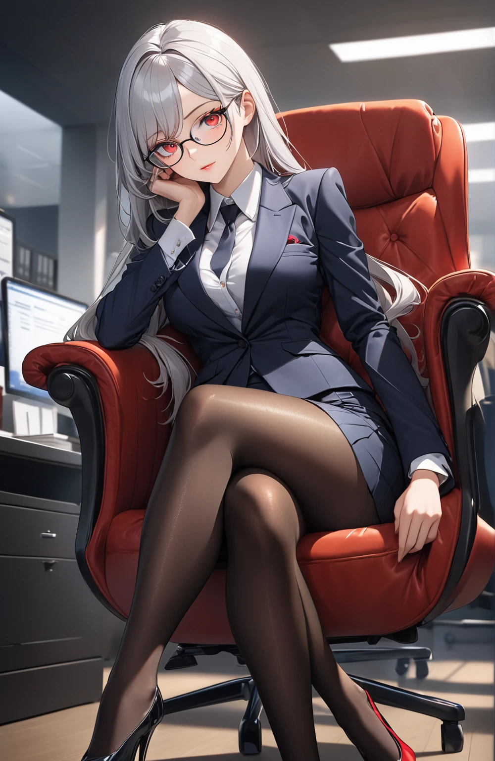 Ultra high resolution, rich colors, perfect image, top quality, detailed image, beautiful single woman, glowing skin, skin and clothing texture, delicate eyes, office, sitting in chair, crossed legs, suit, tight skirt, black pantyhose, heels, long silver hair, red eyes, glasses