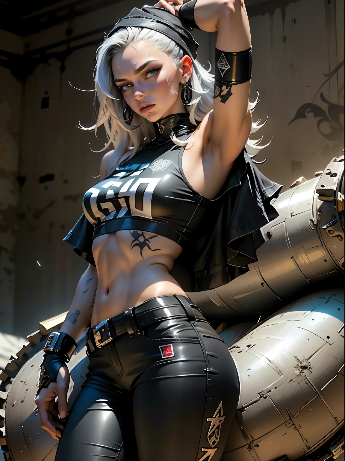 Uma sorceress mulher adulta de 27 anos com um corpo sinuoso e perfeito, sai de um telescream com metal spines nos ombros, mostrando-se como uma Gladiadora do Brooklyn. Ela porta um corte de cabelo bob loiro claro com toques brancos, and his clothes consist of a blurred rugby team t-shirt, leather mini pants, and a metallic fur treatment slice on the left arm, containing intricate graphics in a greyish-red color design with