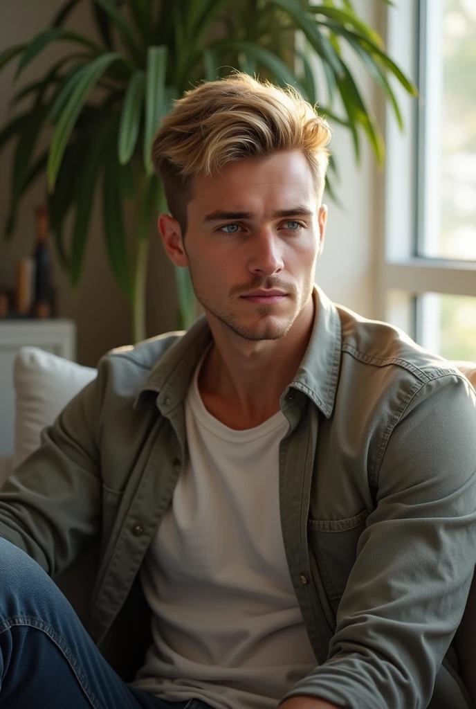 A 2 man with blonde hair in a mid-fade cut, light blue eyes, and fair skin stands in a modern indoor setting, such as a living room or studio apartment. He is wearing a casual blouse and is sitting on a comfortable sofa or chair, perhaps with a drink or a book at his side. The soft, natural lighting in the room highlights his relaxed style and genuine expression, creating an authentic and inviting image. Serious face