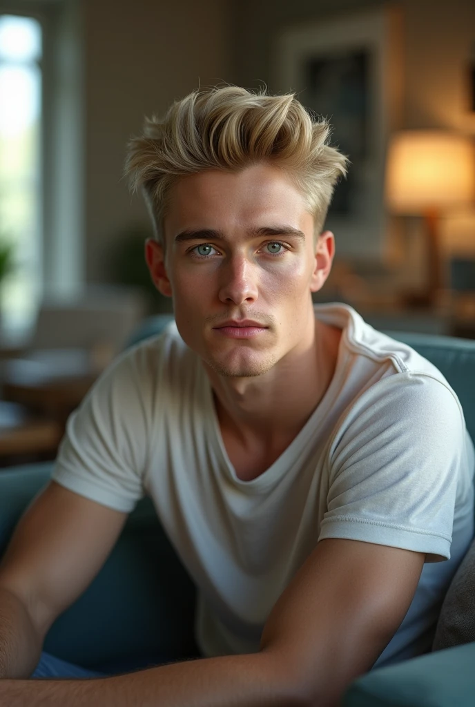 A 2 man with blonde hair in a mid-fade cut, light blue eyes, and fair skin stands in a modern indoor setting, such as a living room or studio apartment. He is wearing a casual blouse and is sitting on a comfortable sofa or chair, perhaps with a drink or a book at his side. The soft, natural lighting in the room highlights his relaxed style and genuine expression, creating an authentic and inviting image. Serious face