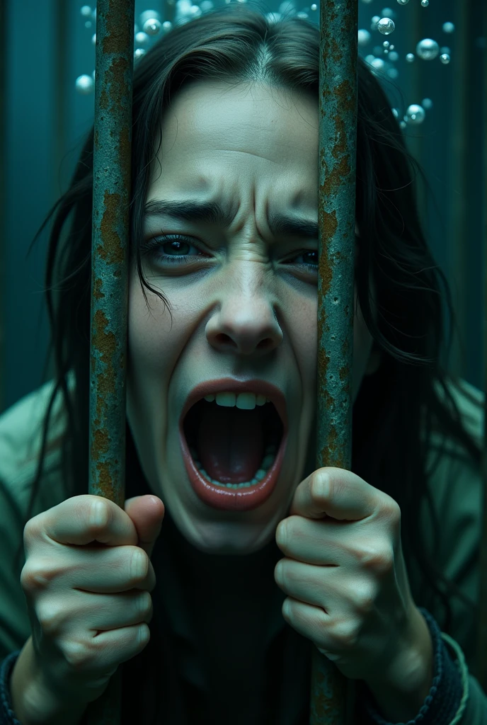 Close up of a panicked Billie Eilish holding her breath underwater trapped in a cage as she grasps the bars