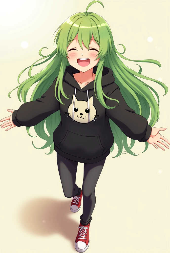 Anime girl with green and long hair, with arms wide open to receive a hug, smiling, black hoodie with a cat print on the chest, black jeans, red converse shoes
