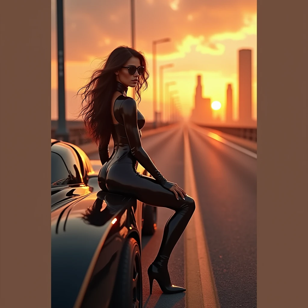 A stunning, hyper-realistic woman with brunette long hairshowin her natm9bike n и black Batmobile ,(masterpiece, Best Quality, High resolution, 32K HDR)), (Perfect portrait of trinity00:1.15), (black body suit:1.1, realistic Trinity sunglasses:1.1), Ultra detailed eyes, hyper derailed face, Detailed mouth, Detailed skin texture, (Atmospheric lighting), Shot with Aricum LT camera, ( on the highway:1.1, Huge breasts:1.15),