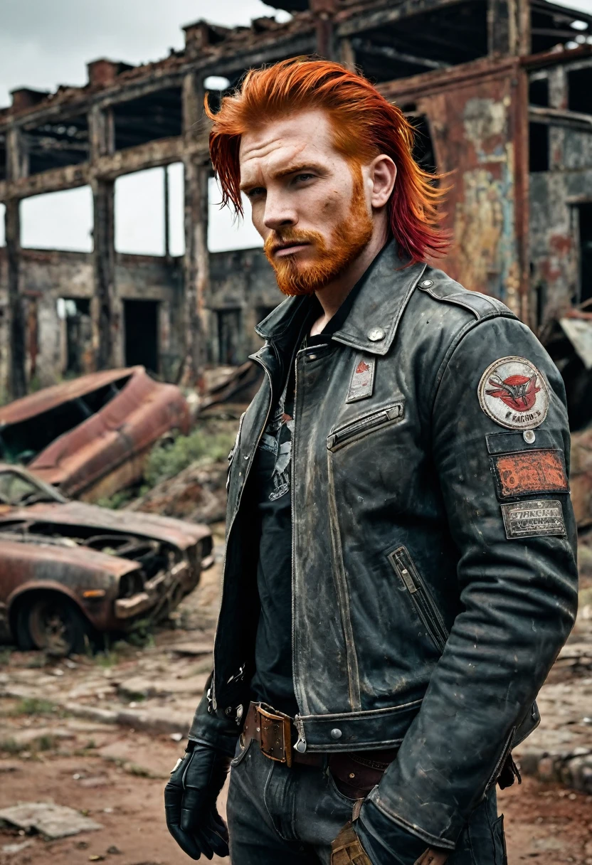 Amidst the desolate wasteland, a fiery-haired outlaw stands out against the backdrop of decay. His red hair, once vibrant and full, now holds hints of gray, framing a ruggedly handsome face. A worn-in black leather jacket hugs his lean frame, adorned with intricate patches representing a life of rebellion and survival. The retrofuturistic setting is reminiscent of the 50s, with rusted cars and dilapidated buildings scattered around. The scene is captured in the raw, masterpiece style, with cinematic lighting bringing out the rich textures and details. The image is in the best quality, with ultra-
