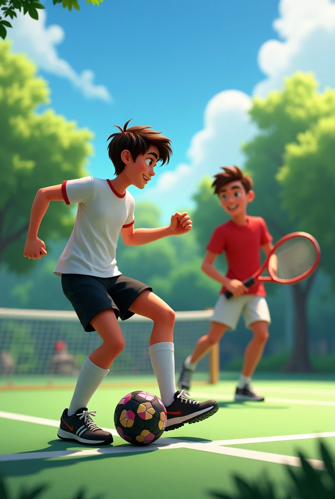 Cristian likes to play ball but Israel likes to play tennis Cristian wears black shorts and a black soccer ball of the color colo