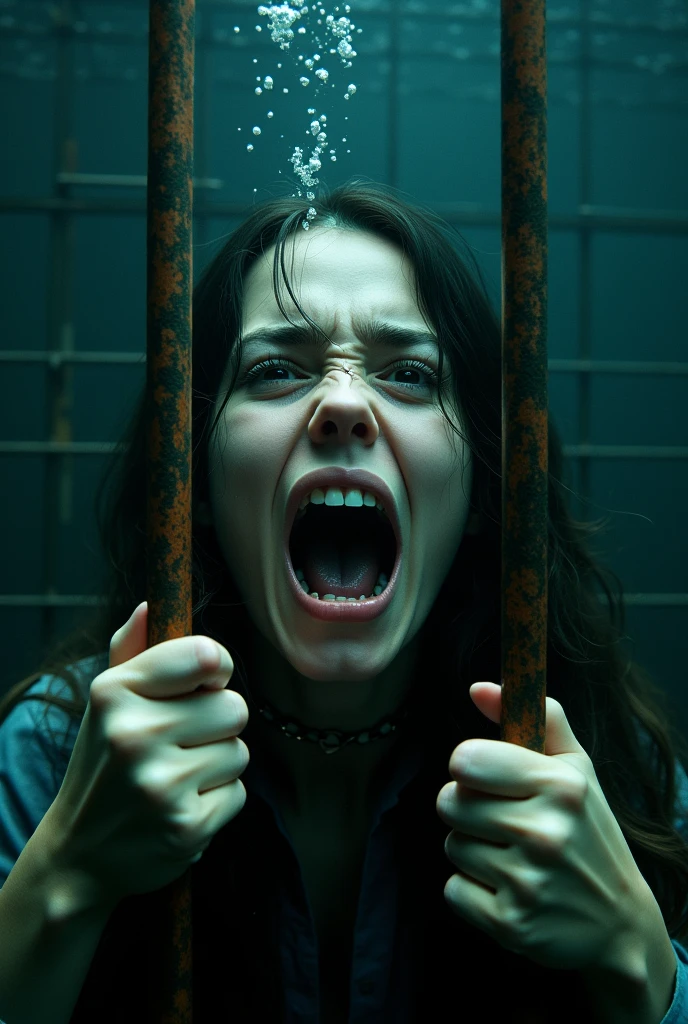 Close up of a panicked Billie Eilish holding her breath underwater trapped in a cage as she grasps the bars