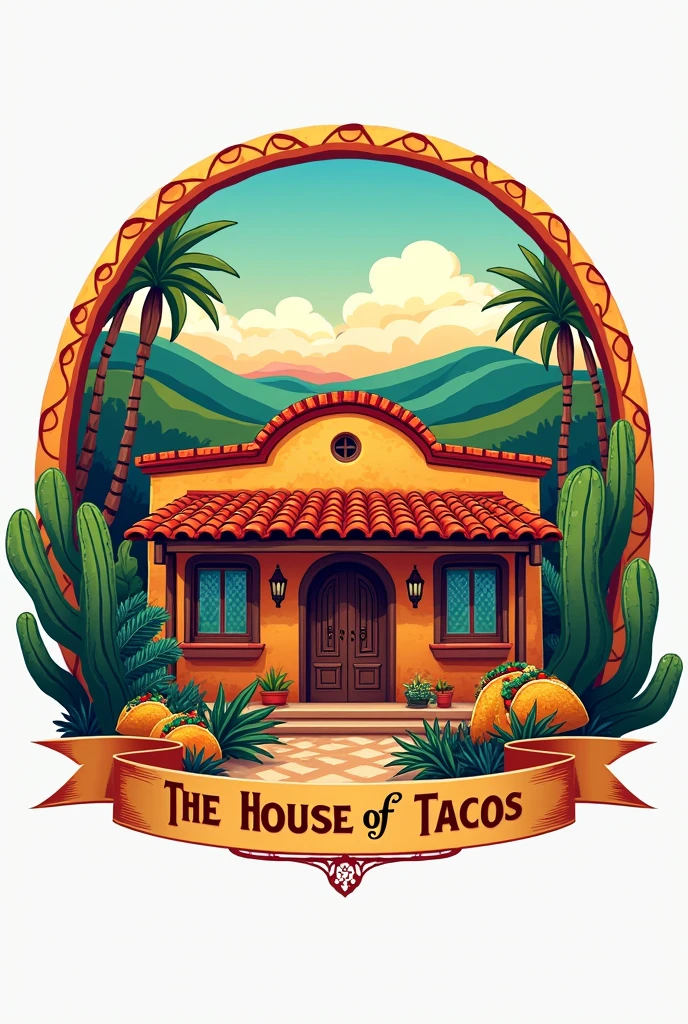 Create a logo for a taco shop called "the house of tacos" and that it is set in Mexico and that it contains a house 