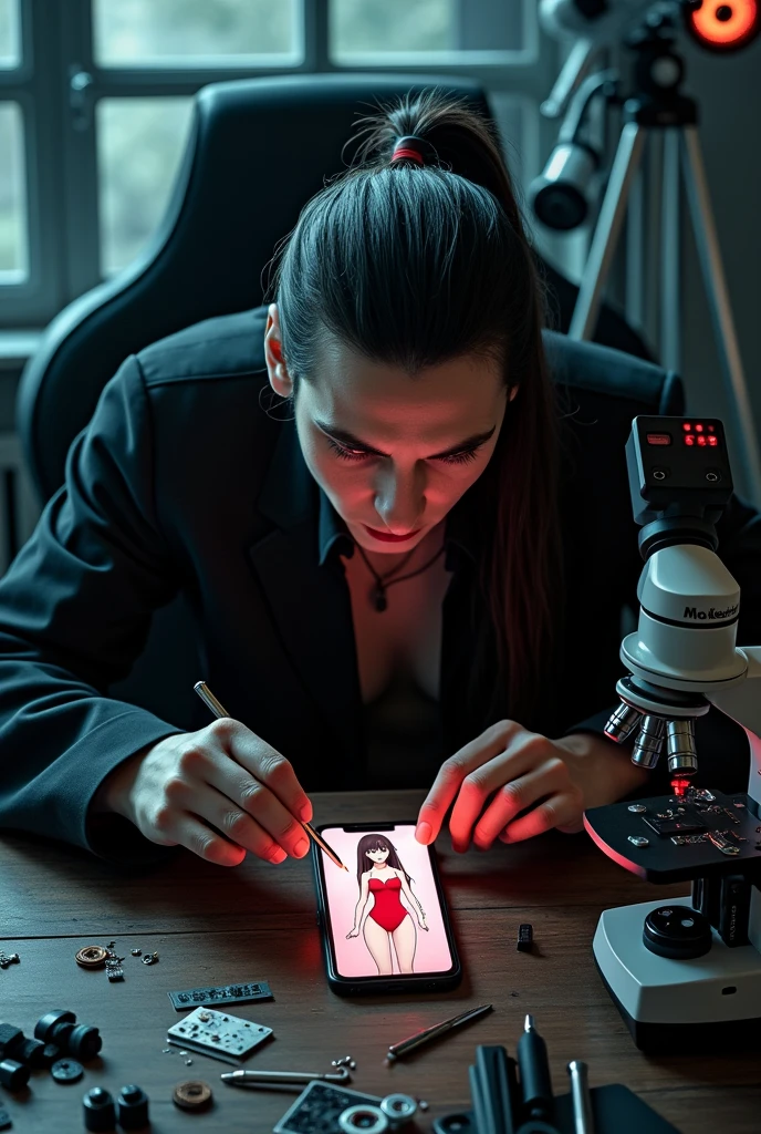 Mobile phone repair center equipped with the latest equipment. Dracula with his red eyes sits on a chair looking into a microscope and repairing an iPhone. The photo is taken from above with the mobile phone holding a picture of an anime girl in a red swimsuit. The microscope is replaced with a modern model and Dracula's hair is lengthened with his fangs visible. In his hand is a screwdriver. The microscope has two lenses and a digital screen on the wall. The photo is a little further away with the telescope visible. Changing the hairstyle. Long hair tied up. Some maintenance parts are spread out on the table.