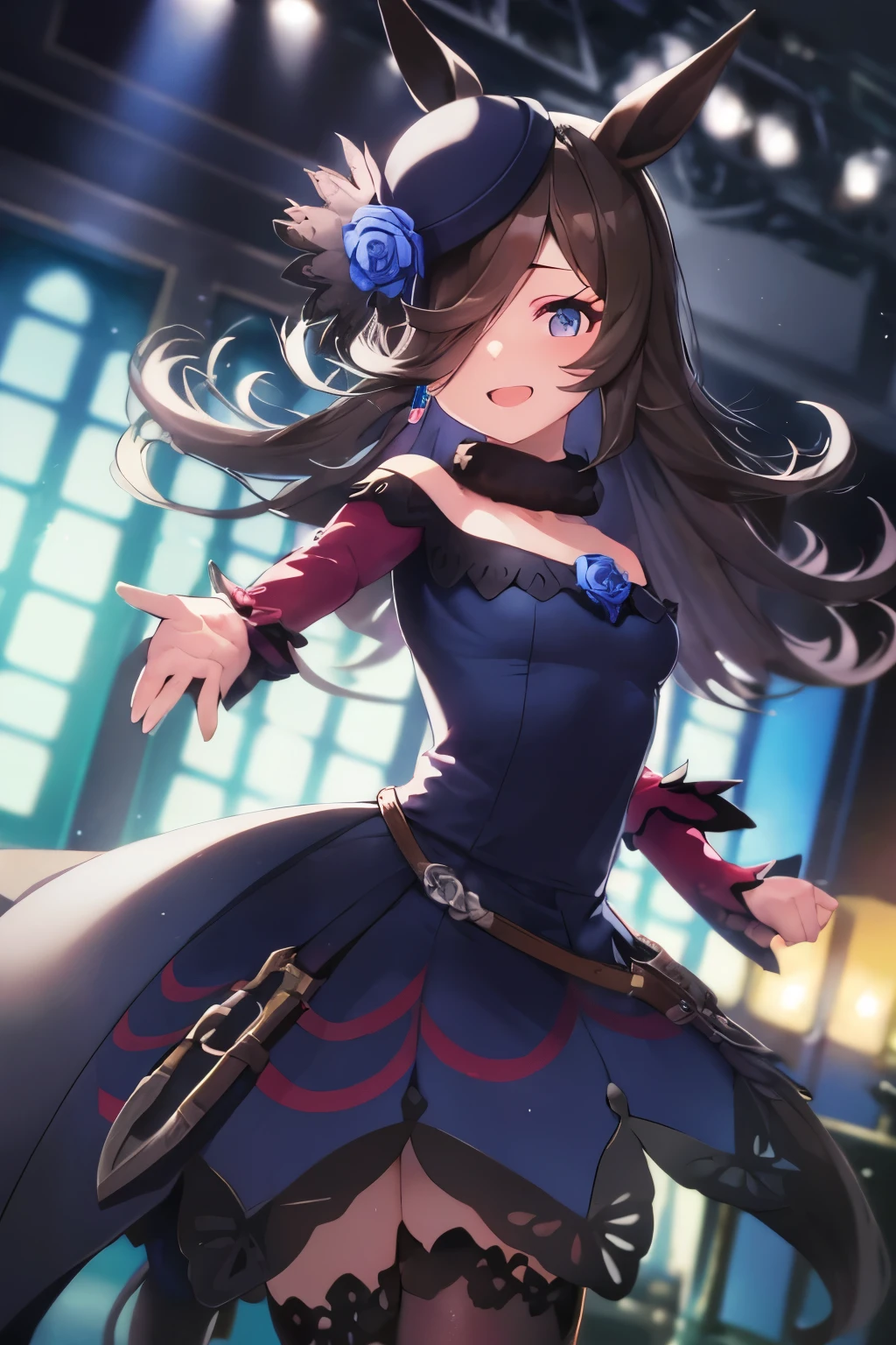 (Tabletop.Highest quality).(Dynamic Angle). (Amazingly detailed CG paintings),(Perfect image)、Comic Strip.shape.One Girl.Detailed face、Perfect Face.Delicate face、Girl in delicate clothes、Textured skin、Black Hair.length、(Horse-eared girl)Horse-eared girl、((Beautiful Blue Eyes)).Delicate and beautiful eyes、The eyes are detailed、Reflected Eyes、Watery eye、smile.(Gazing at the audience:1.3).(Face is a little red:0.8)、8k wallpaper、Cowboy Shot、reflected light、Highest detail、Complex、Delicate background、Textured skin、Detailed skin、(Ultra-high resolution)、