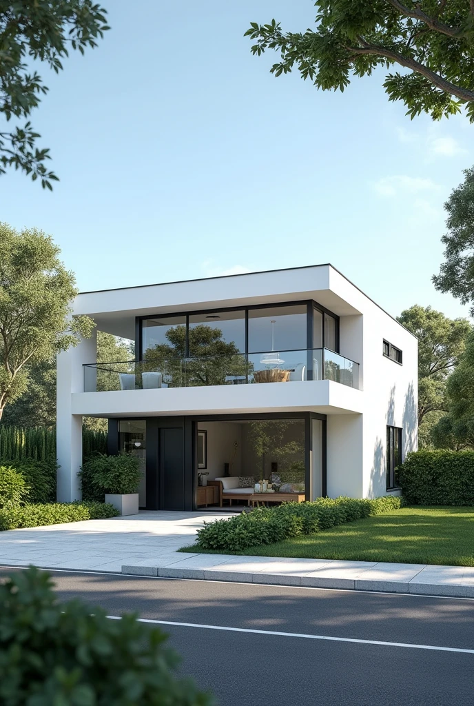 Cass flat roof white color big windows black aluminum trees blue sky modern architecture front view landscaping