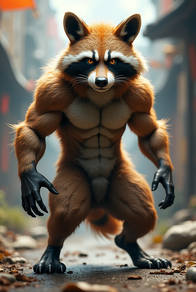 create a raccoon and hyena hybrid furry male anthropomorphic bipedal