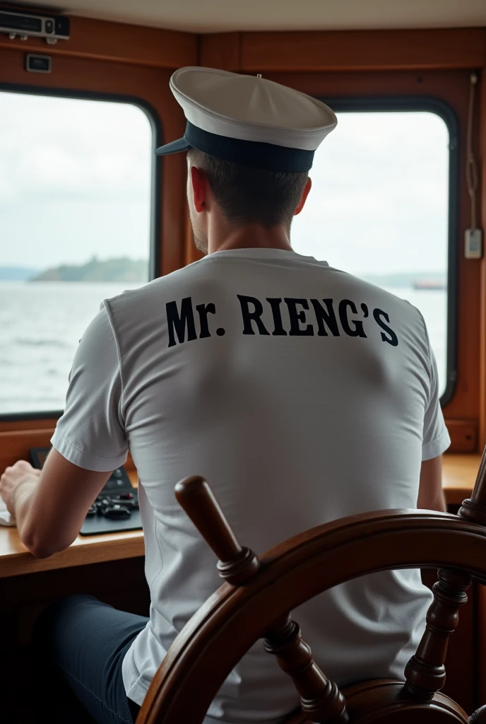 Please make a photo of a young man riding or steering a modern ship complete with a sailor's hat and a shirt that says Mr. RIJENG's on the back of his shirt. with enclosed wheelhouse accommodation like a cargo ship