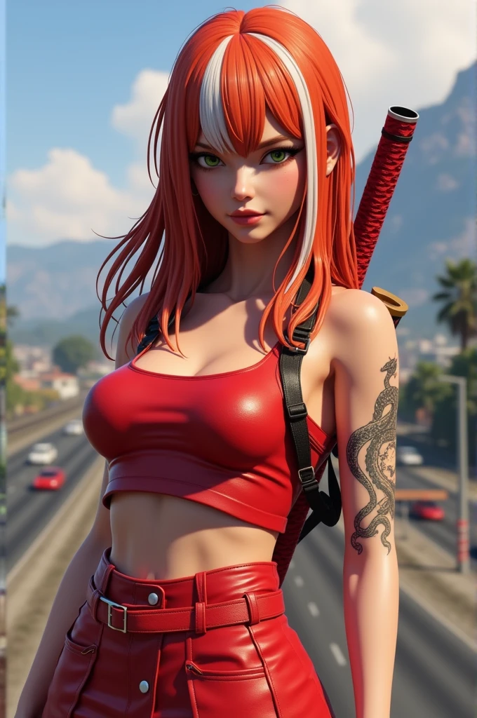 Character Gta V 3D + Woman + Japanese nationality + hair two colors, main color red dark orange, secondary color some strands, white + long hair with fringe on the forehead + green eyes well pulled at the tip + outlined eyelashes + colorless tattoo on the left arm of snake + pink lips + pale skin + flushed cheeks + red katana on the back + red tank top + skirt y2k + Highway fund 