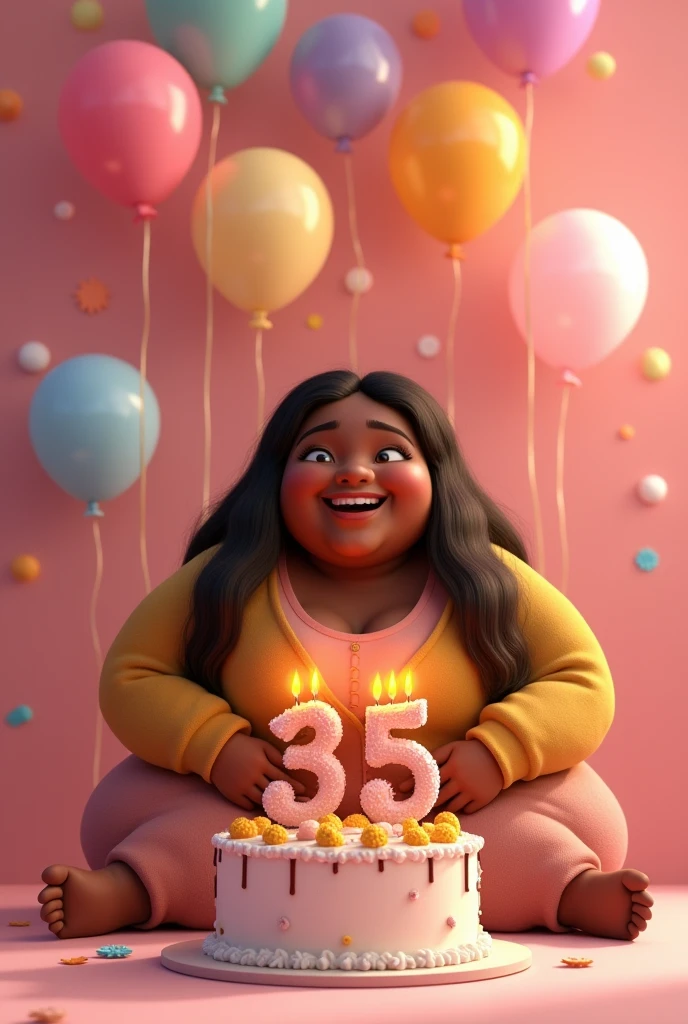 Disney Pixar image of chubby woman with long straight brown hair, dark-skinned, sitting on the floor of a photography studio with pastel pink balloons holding a cake with 35 number candles 