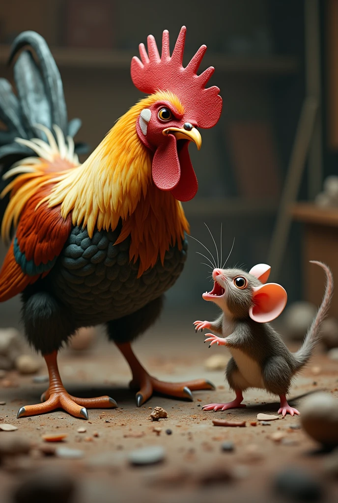 Chicken fighting with box mouse