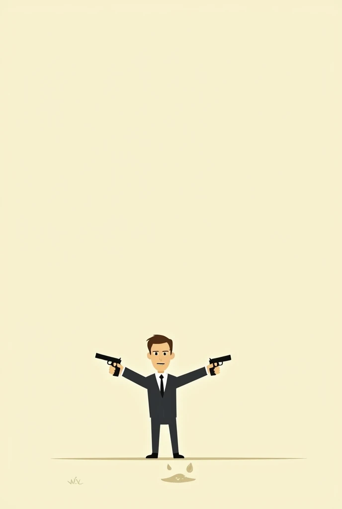 Simplified background, simplified cartoon, man pointing gun at the ground with both hands