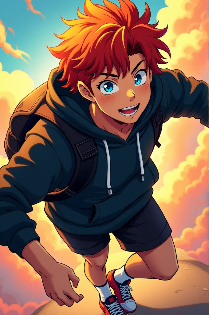 A young red-haired man, golden skin with freckles, messy hair, light blue eyes, wearing a sports set with black hoodie, Sports shoes, long socks,  with a backpack on his back. anime style, lots of lighting, vivid colors, playful expression 