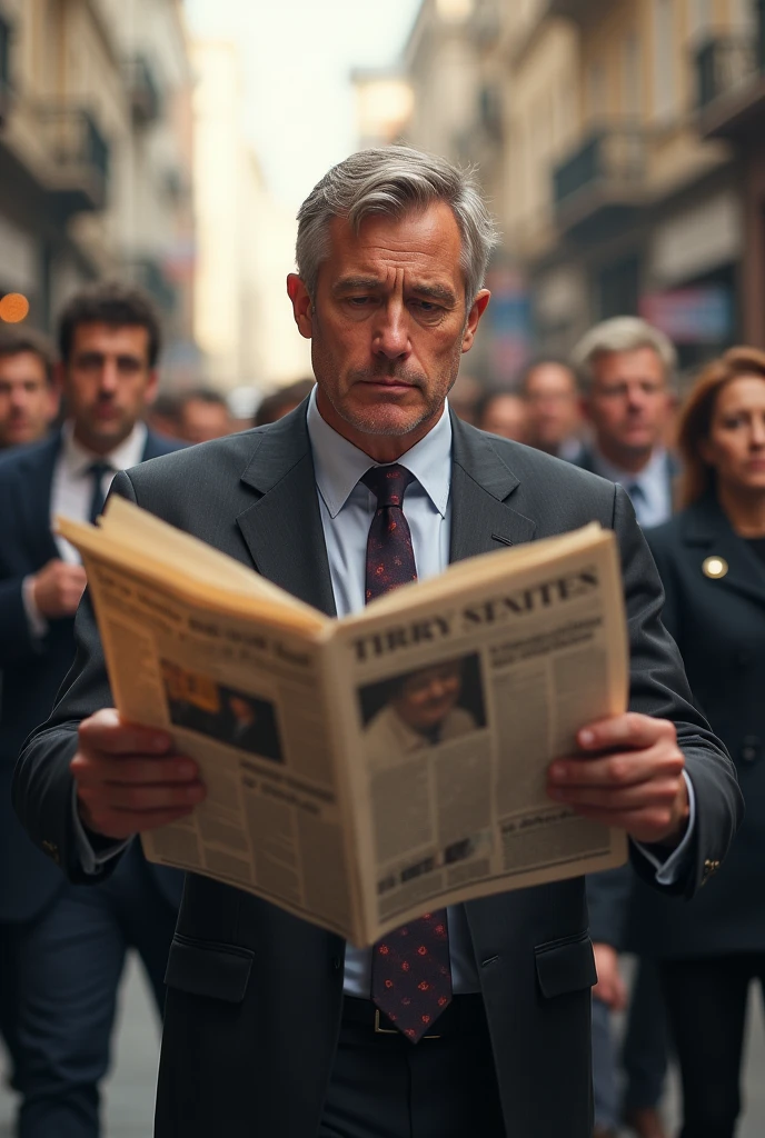 A man reading a newspaper and fainting (cheered up)
