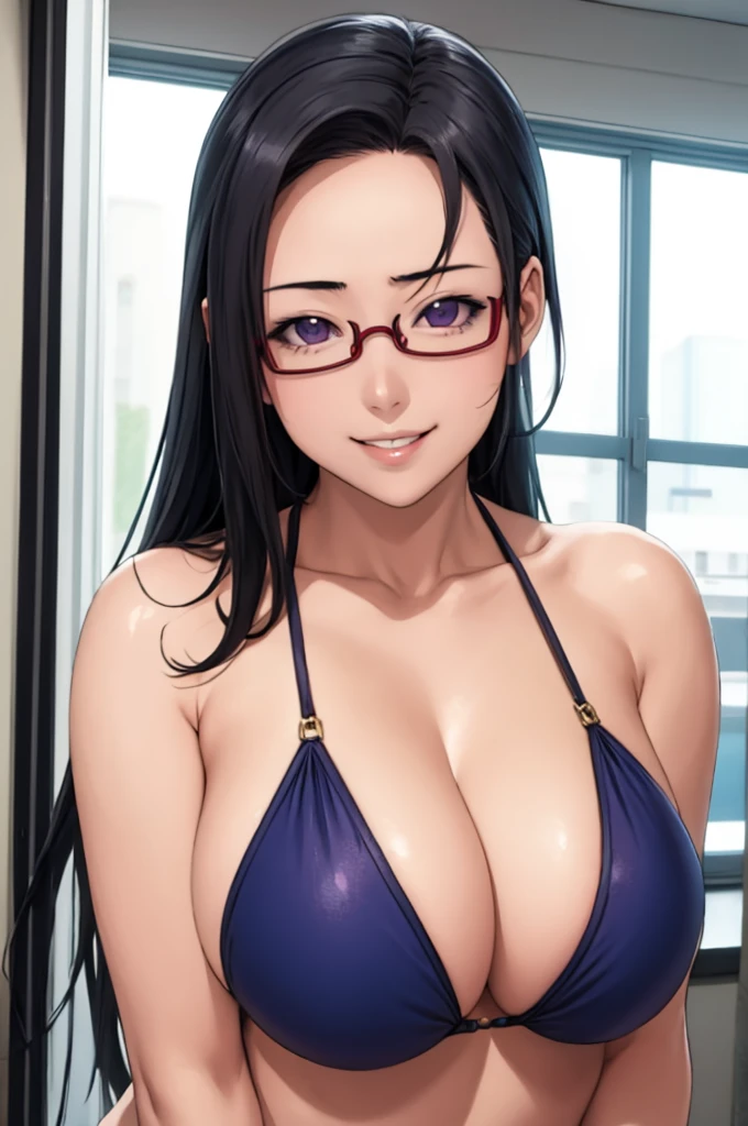 masterpiece, best quality,  satou sakie, glasses, swimsuit, looking at viewer, large breasts, upper body, portrait, looking at viewer, parted lips, seductive smile, sweating