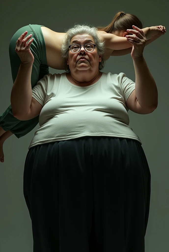 Create a realistic image of an elderly woman, 90 years old, obese, with black and dark skin, wearing a white shirt and black skirt and glasses, holding aloft in the air the body of a 30 year old young woman, with light white skin, long brown hair tied in a ponytail with highlights on the face, slender and beautiful body, braless with bare breasts and wearing green sweatpants