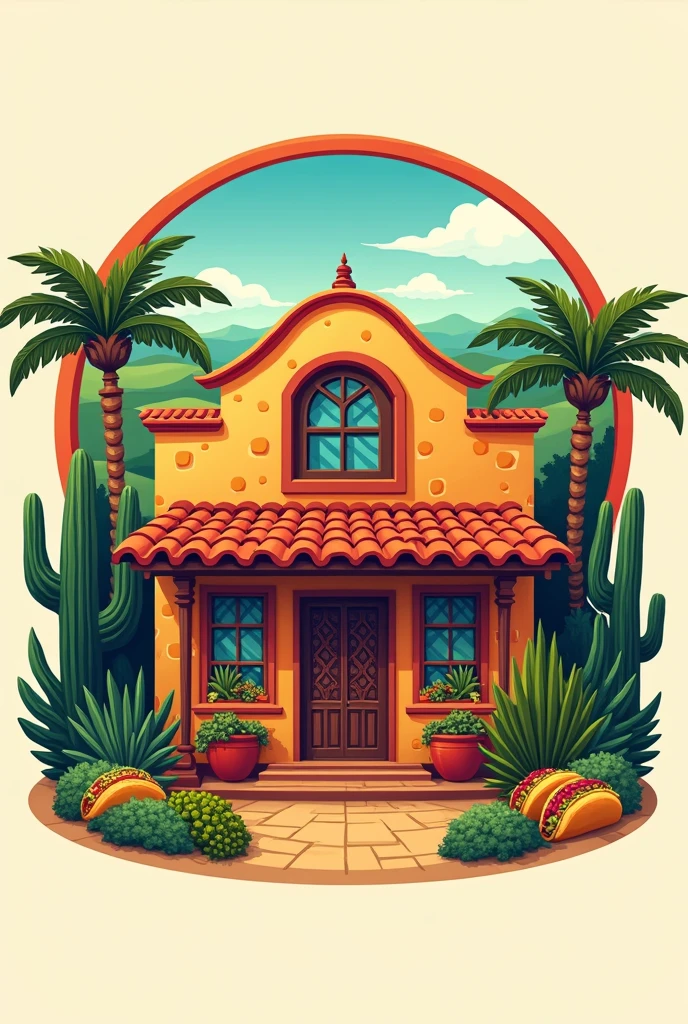 Create a logo for a taco shop called "the house of tacos" and that it is set in Mexico and that it contains a house 