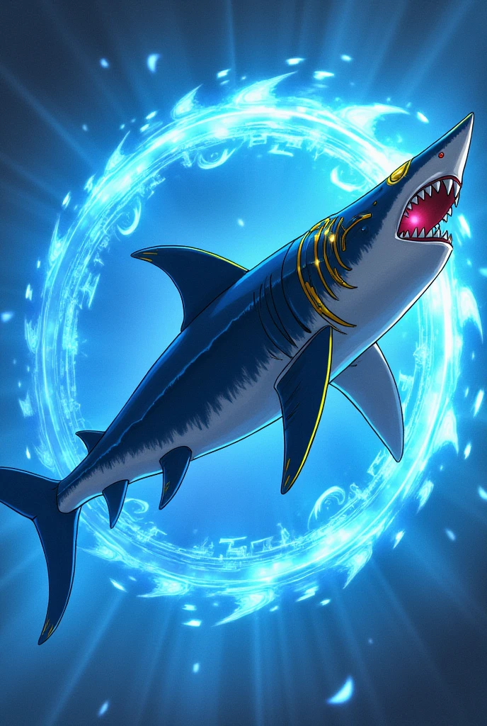 An anime shark weapon chakram blue and yellow