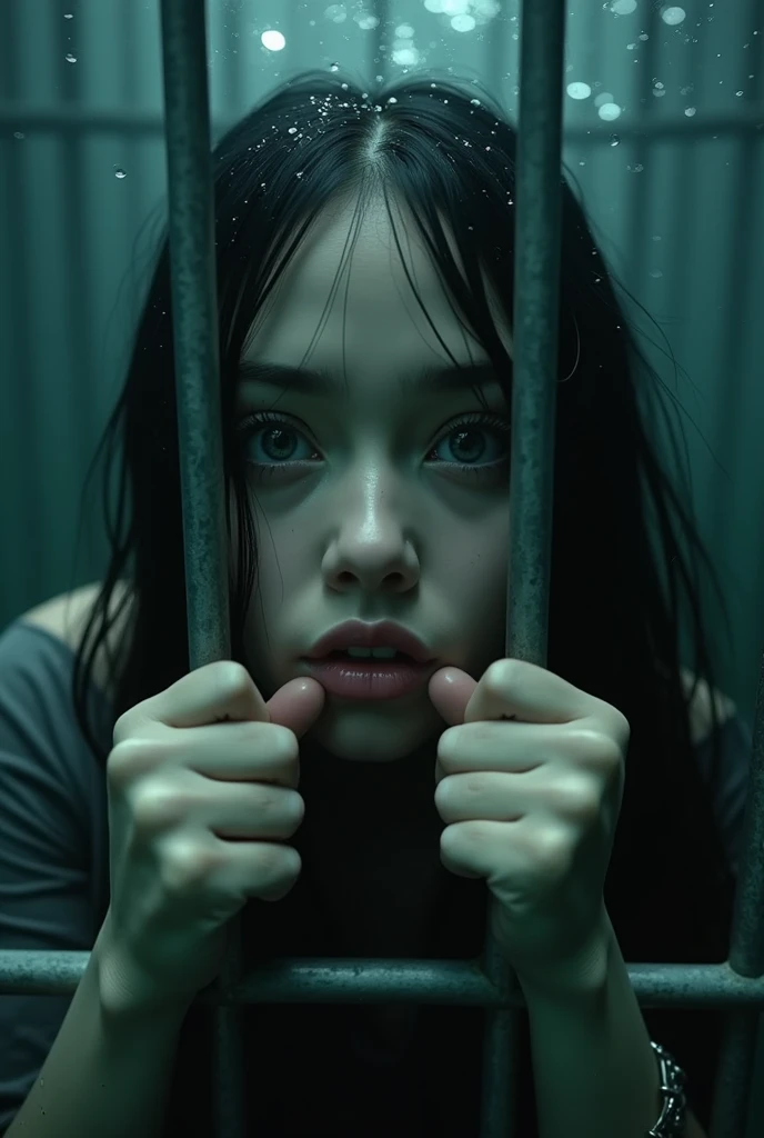 Close up of Billie Eilish holding her breath underwater trapped in a cage as she grasps the bars
