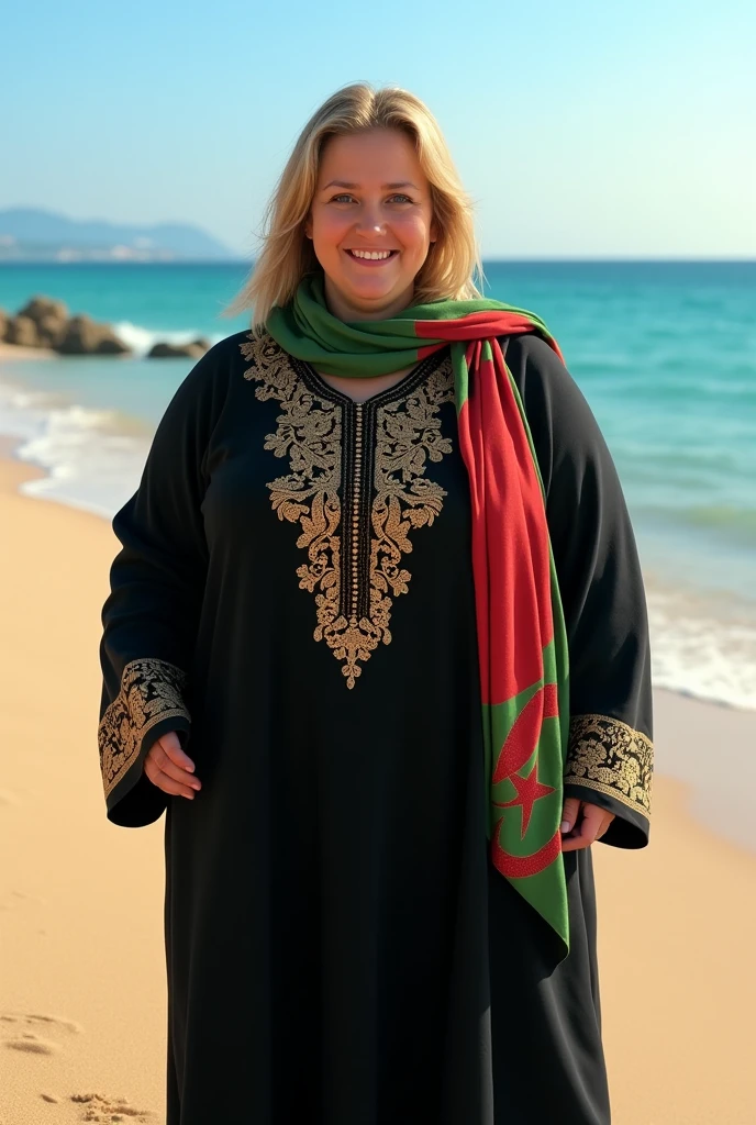 A blonde, plump woman, wearing a black, gold-embroidered abaya, and on her shoulder the Algerian flag scarf, looking directly into the camera, she is standing on a sandy beach. . woman smiles sweetly.