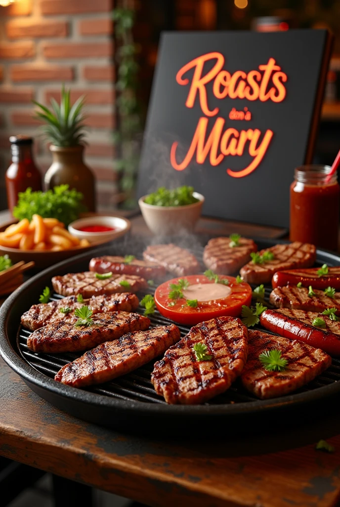 An image of a grill with meat and that says roasts doña mary, for a food menu