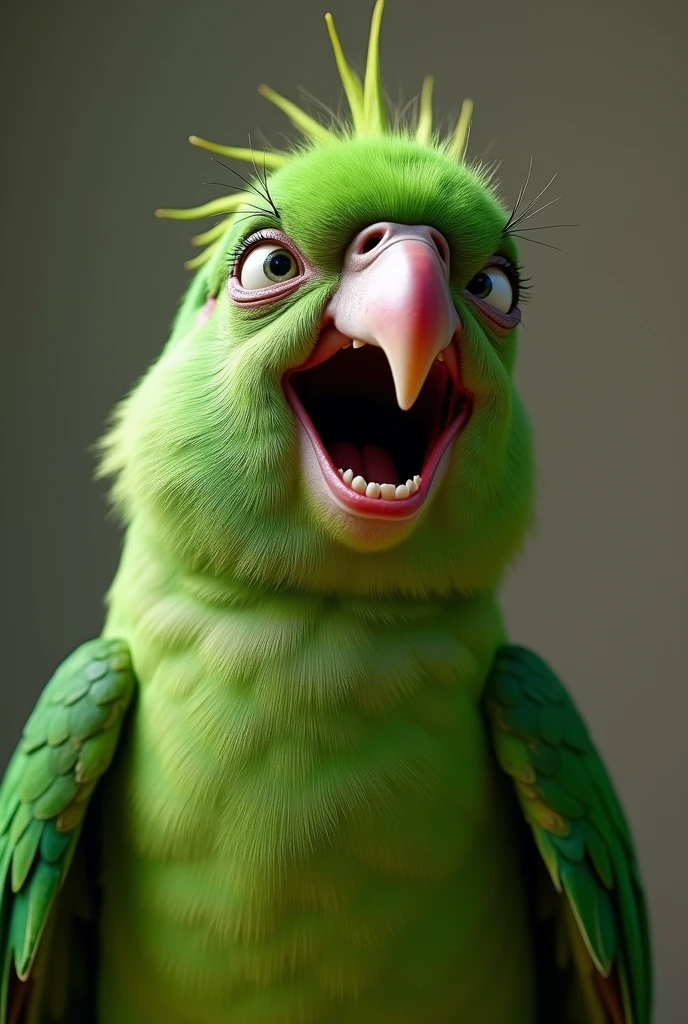 laughing green parrot with human face 
