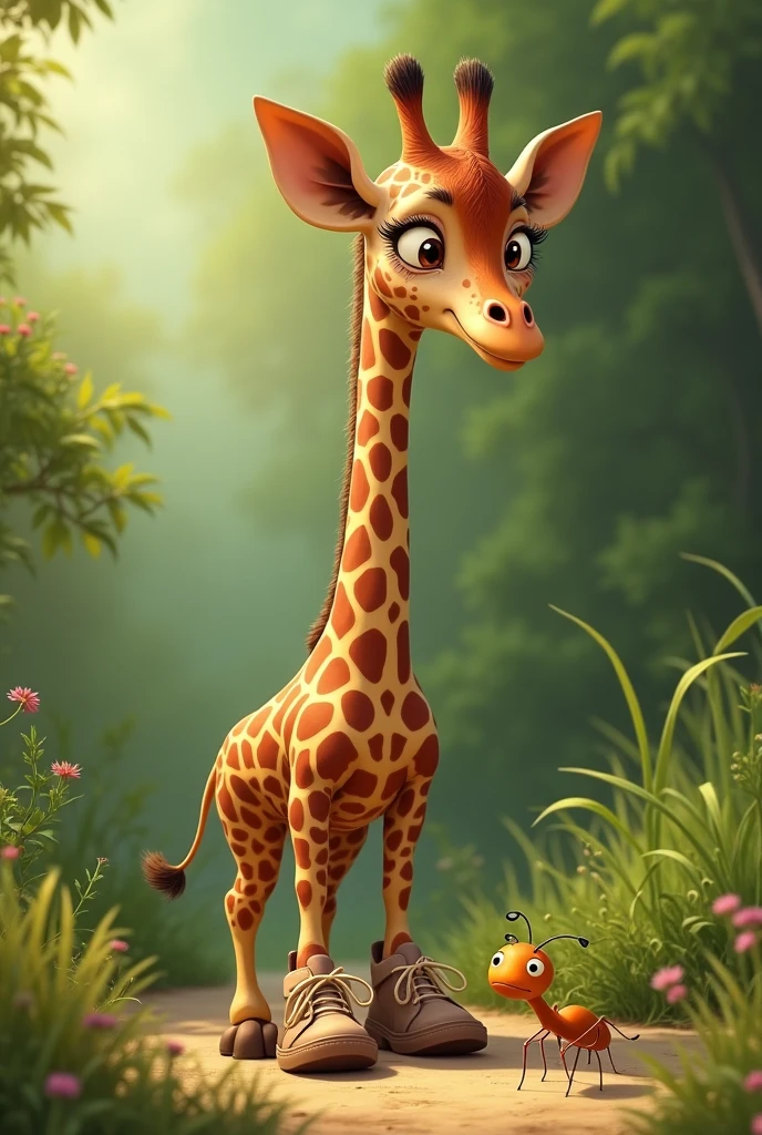THE GIRAFFE STARTED TO CRY DESPERATELY BECAUSE SHE WAS TALL AND COULD NOT TIE HER SHOES BUT AN ANT CAME TO HELP HER TIE HER SHOES