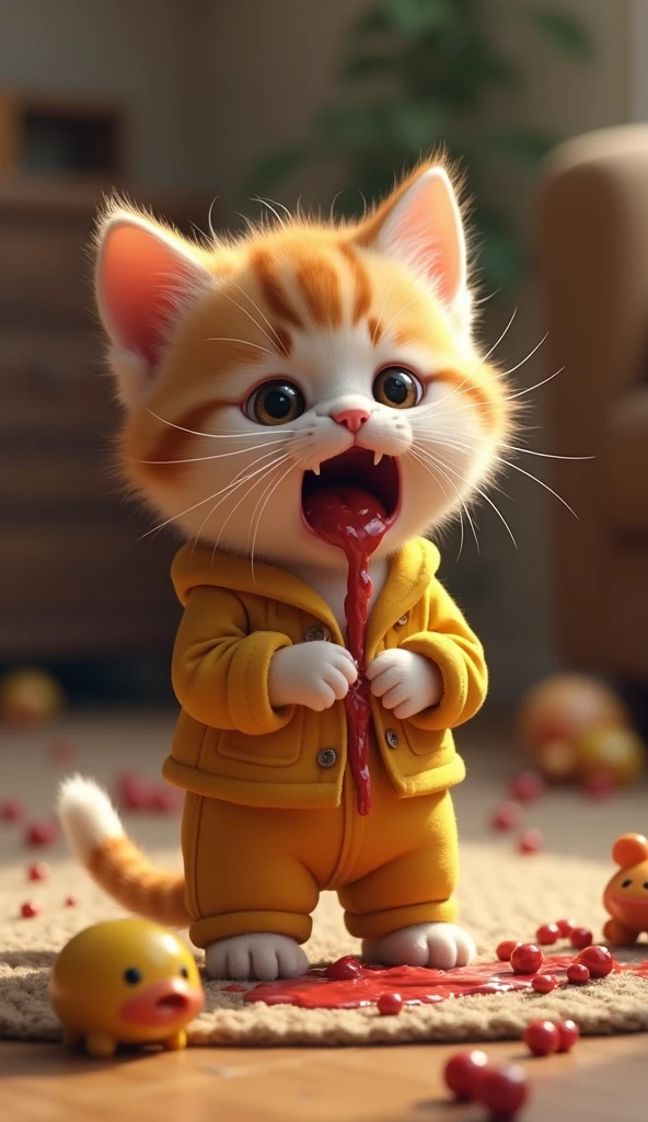 Create a photorealistic image of A small kitten crying and vomiting fluid following from kitten 's mouth, kitten wearing yellow jeans outfit standing and grabbed his tummy with his hands, vomiting, The background shows a cozy living room with scattered toys.