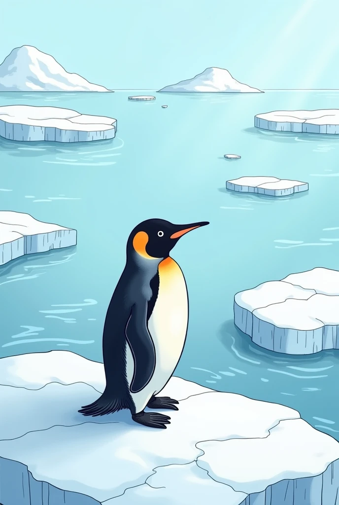 Un pingouin sur la banquise regarde passer la glace qui flotte dans l'eau , vue de face, en bande dessinée 