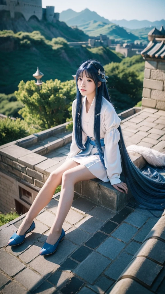 Girl about 、Childhood of a female warrior with long blue hair。With a little dragon by my side。castle rooftop