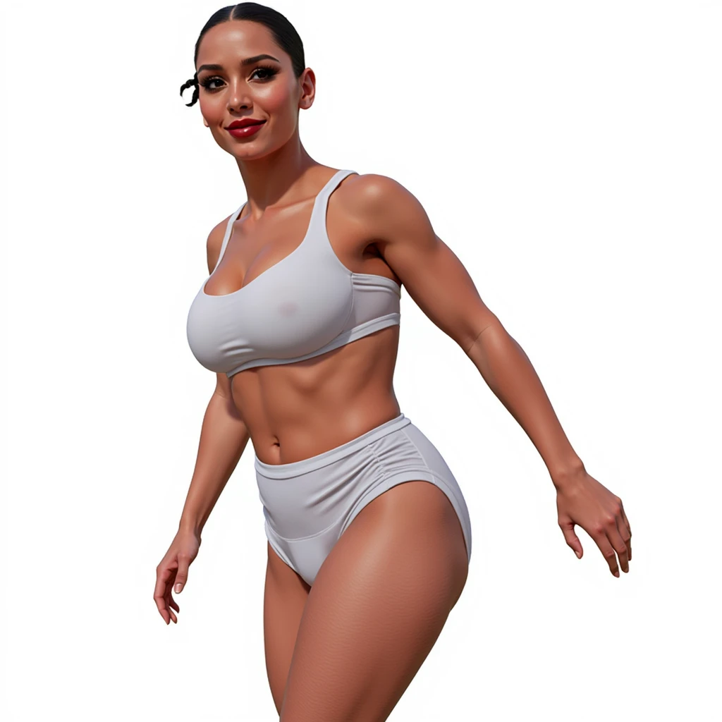 (masterpiece, best quality)), ((((perfect anatomy)))), Brazilian woman with tied back black braids, dark eye-shadow, dark red lipstick, dark brown eyes, white bra , (((white high cut cotton panties))), smiling, big hips, walking around in a locker-room, (((comic book art style)))