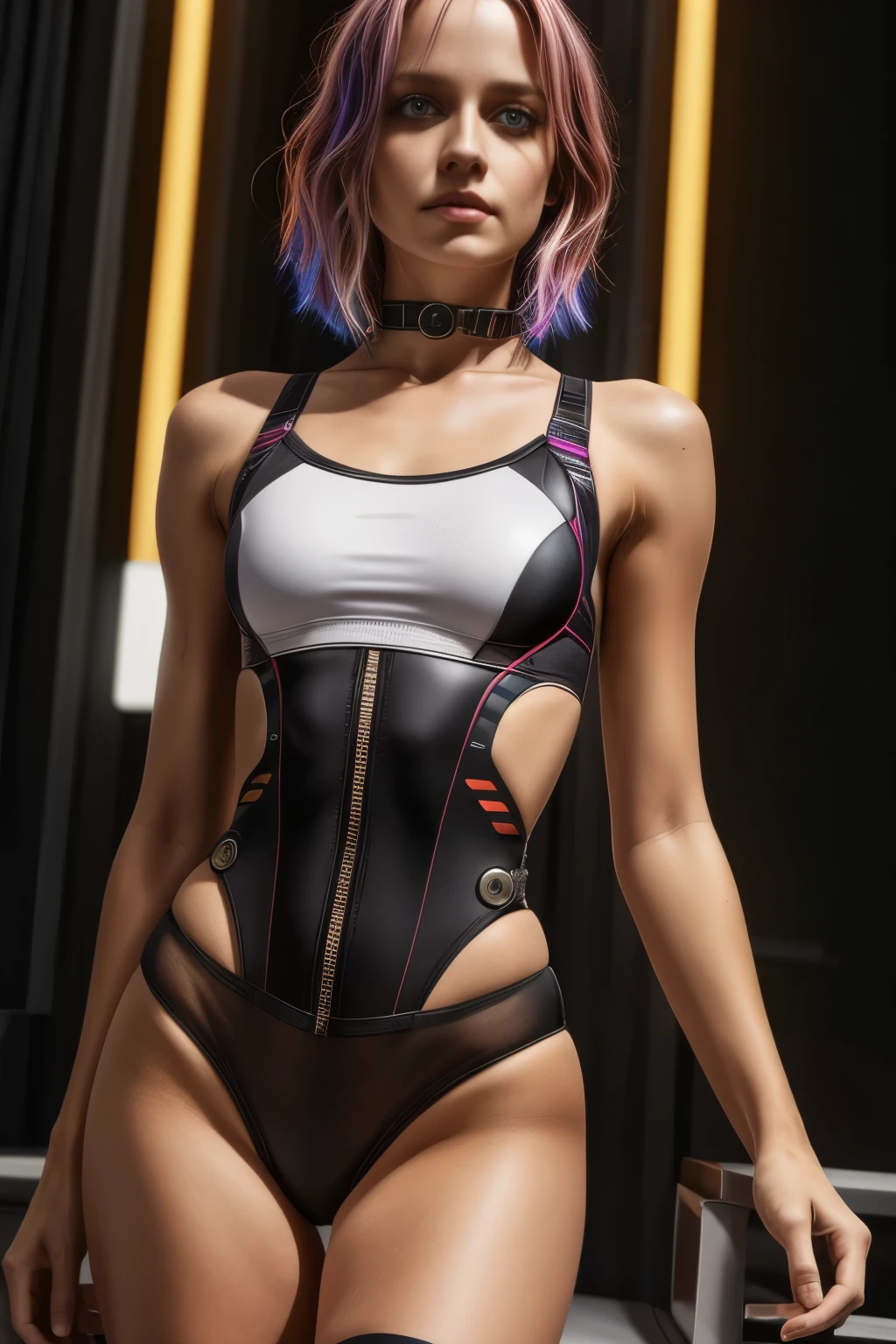 (extremely detailed CG unity 8k wallpaper), (ultra-detailed), masterpiece, best quality, boy, (cyberpunk), bodysuit, solo, breasts, cyberpunk city, multicolored hair, short hair, looking at viewer, medium breasts, black bodysuit, grey eyes, hip vent, clothing cutout, thigh gap, covered navel, white jacket, bare shoulders, short shorts, couch,