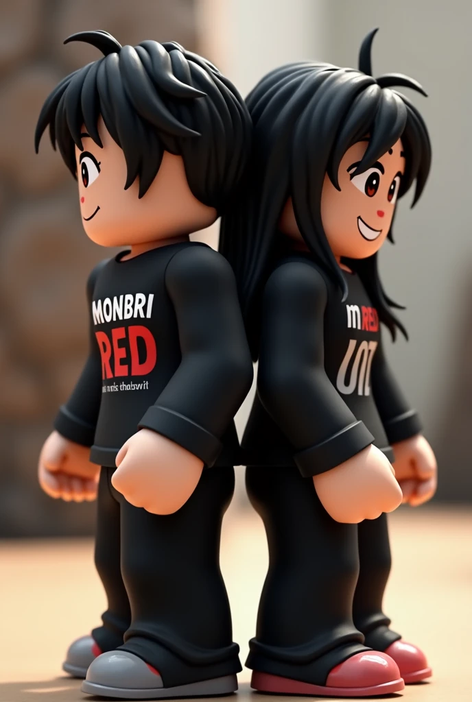 Create about two people, a boy and a girl, the boy who has black hair, Black shirt that says 'MONBRI' in white letters with red in capital letters and with the number 07 , black pantaloon, And the girl who is black hair,Black blouse that says 'MONBRI' in white letters with red in capital letters and with the number 07 below,BLACK PANTS and that they are animated like roblox.And that they are stuck back to back