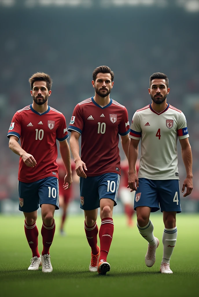I want three players walking forward with the numbers on the shirt 10 11 4
