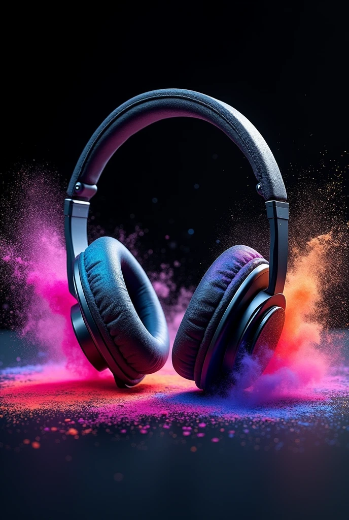 a pair of headphones with colored powder on a black background, style hybrid mix of beeple, cores do bipe, Fones de ouvido DJ Rave, Fones de ouvido ligados, music is life, colorido 8 k, music in the air, Fones de ouvido rosa, headphones on head, colorful aesthetic, colorido 4k, cores altas, psychedelic dust, em estilo de bipe, Estilo Beeple
