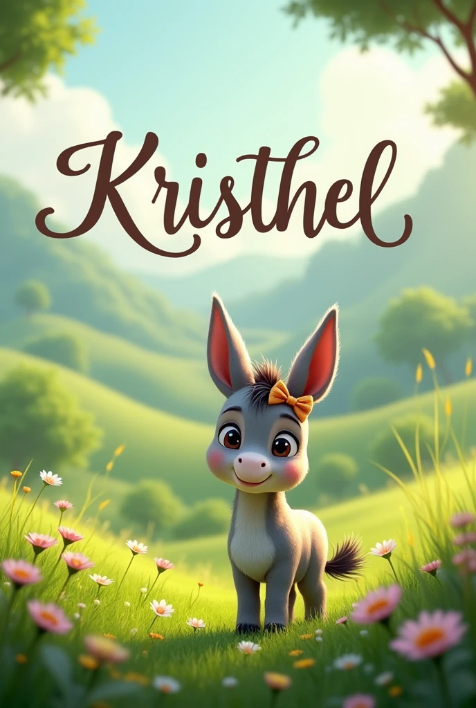 Create the phrase Kristhel in cursive with a grassland background and a donkey with a bow posing