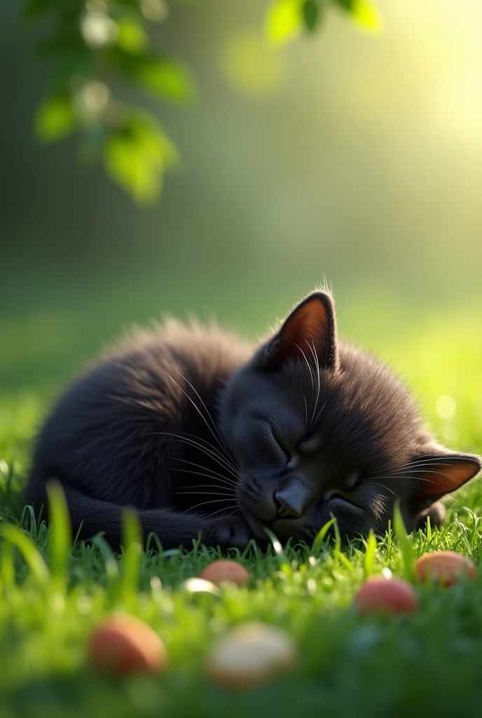 A black kitten is sleeping in the grass and dreaming of eating snacks