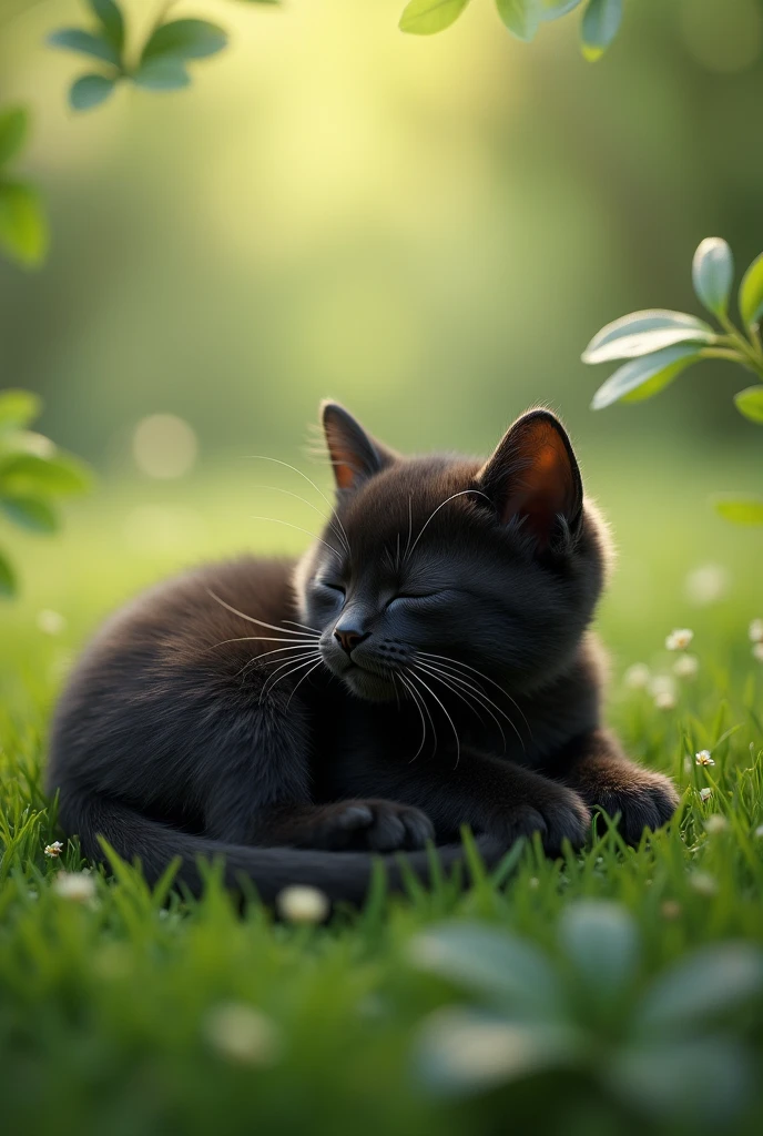 A black kitten is sleeping in the grass and dreaming of eating snacks
