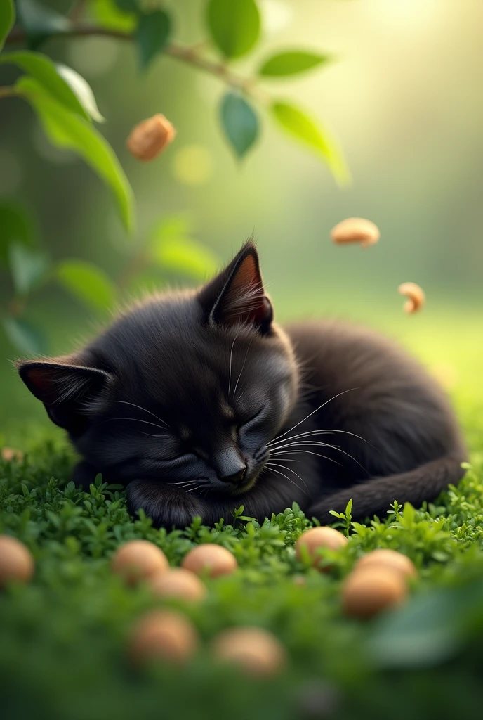A black kitten is sleeping in the grass and dreaming of eating snacks