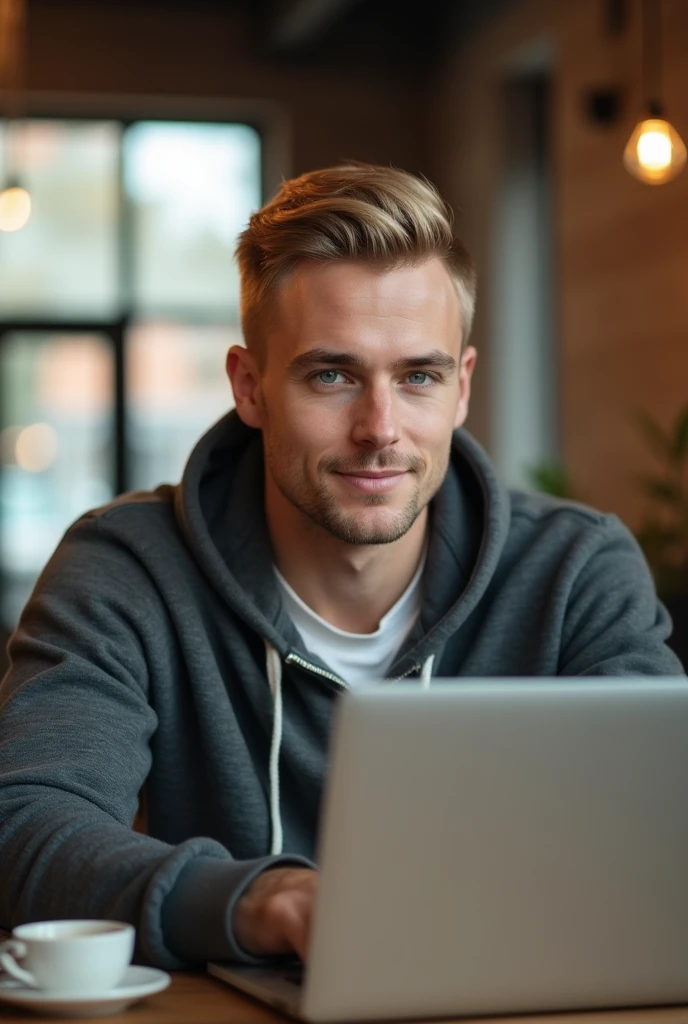 "A 2 man with blonde hair in a mid-fade, light blue eyes, and fair skin is in a coffee shop or coworking space. He's wearing a long-sleeved shirt under a hoodie, looking casual. He's sitting at a table, working on his laptop or chatting with a friend. The natural light in the coffee shop gently illuminates his face, highlighting the comfortable, modern feel of the space."