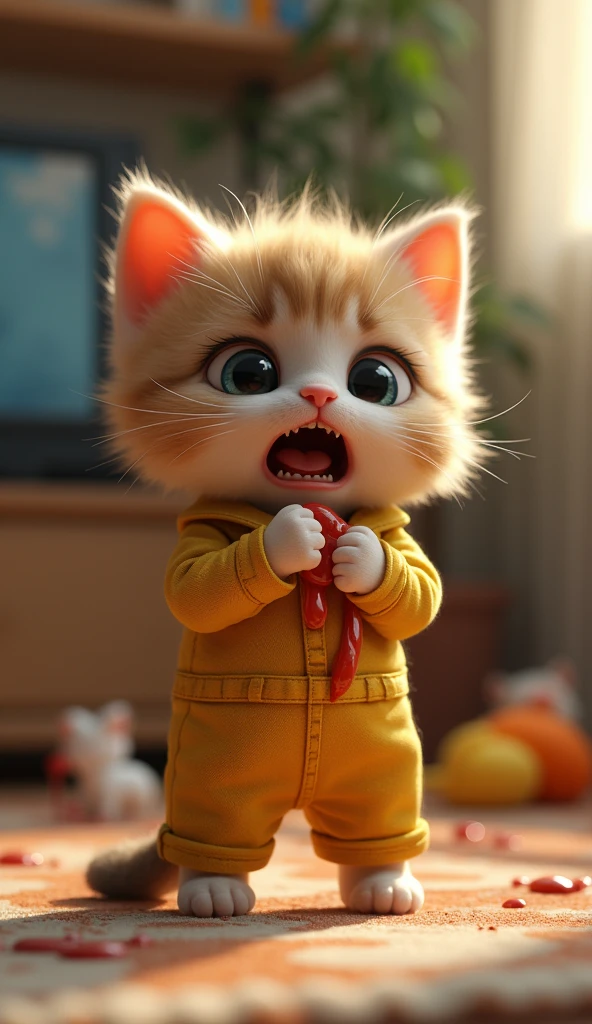 Create a photorealistic image of A small kitten crying and vomiting fluid following from kitten 's mouth, kitten wearing yellow jeans outfit standing and grabbed his tummy with his hands, vomiting, The background shows a cozy living room with scattered toys.