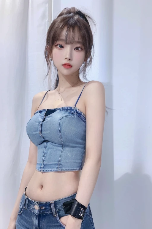 Arafed mujer con un top azul y jeans posando para una foto, parque roseanne de blackpink, Físico : el abdomen más pequeño jamás visto, jinyoung shin, sun yunjoo, modelo elisajes s de acquamodels, Usando un top corto sexy, jia, croptop, Heonhwa Choe, Lalisa Manoban de Blackpink, Físico : el abdomen más pequeño jamás visto, jisoo from blackpink, popular south korean makeup, quality detailed ,(beautiful makeup :1.2), Wide hips, big, big ass, (best quality, 8K, masterpiece: 1.3), Clear focus: 1.2, Perfect body beauty: 1.4, strong abs, Very detailed face and skin texture. , detailed eyes, double eyelids, (long hair), having very marked curves, with greater volume in ((hips and breasts)), which makes the waist look much smaller ((wasp waist))     
